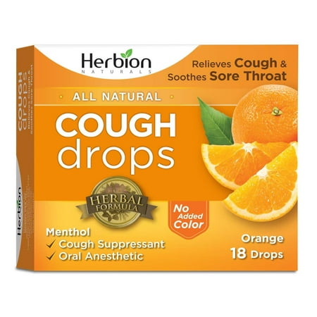 Herbion Naturals Cough Drops with Natural Orange Flavor, 18 Drops, Oral Anesthetic - Relieves Cough, Throat, Bronchial Irritation, Soothes Sore Mouth, For Adults and