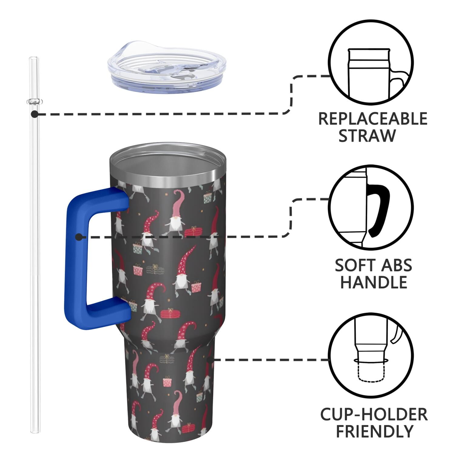 Dark Gray Christmas Gnome Pattern Tumbler with Handle and Lid,40oz Double Wall Vacuum Insulated Tumbler,Cups Gift for Women and Men
