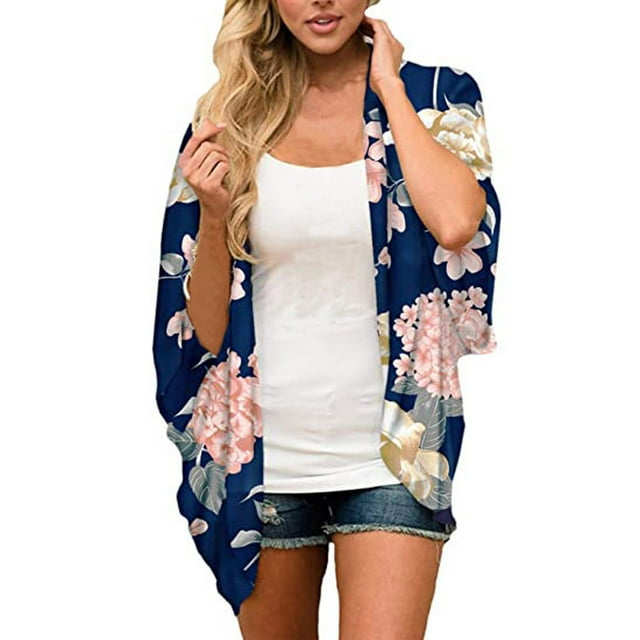 Pompotops Kimono en Chiffon à Imprimé Floral pour Femmes, Châle Cardigan à Manches Mi-Longues et Coupe Ample