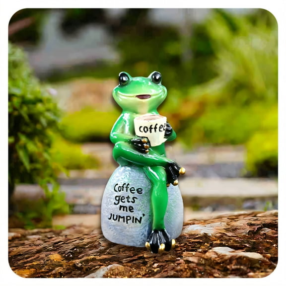 ICERUN Garden Statues,Resin Frog Drinking Coffee Sculpture Lawn Ornaments,Biomimetic Glaze Frog Garden Sculptures