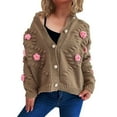 thumbnail image 2 of Women's 3D Floral Knit Cardigan, Cute Flower Button Up Long Sleeve Open Front, Soft Textured Bloom Sweater, Cozy Fall Winter Casual Wear, Stretch Comfort Top Brown M, 2 of 9