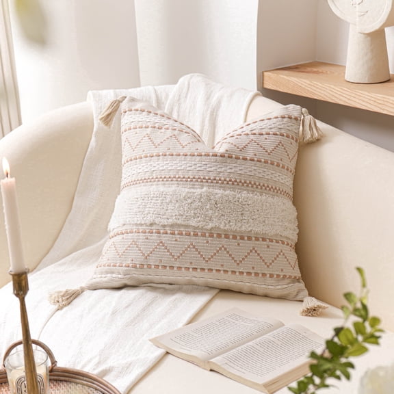BlissBlush Decorative Throw Pillow Cover 20x20 Square Cream Neutral White Boho Accent Pillowcase Tassels Farmhouse Cushion for Couch Sofa Bedroom Living Room Home Décor (Cover ONLY, Pack of 1)