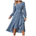 thumbnail image 4 of AKOEE Long Sleeve Fall Dress Wrap V Neck Floral Print Tie Waist Flowy Swing Casual Loose Midi Dress Women S-XXL (X-Large, Blue), 4 of 5