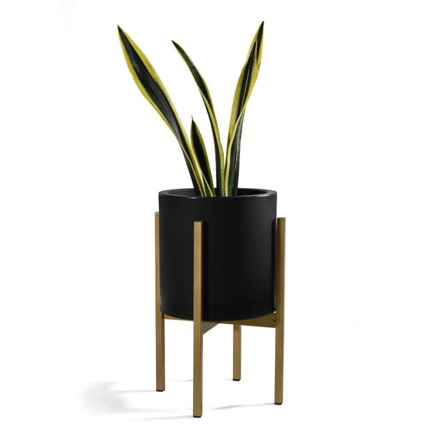 Maceta Cilindro Negro Moderna Base De Metal Dorada Interior/ext. Macetas y Maceteros Estilo moderno, elegante y minimalista.