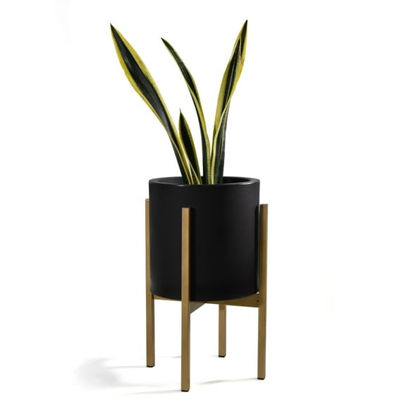 Maceta Cilindro Negro Moderna Base De Metal Dorada Interior/ext. Macetas y Maceteros Estilo moderno, elegante y minimalista.