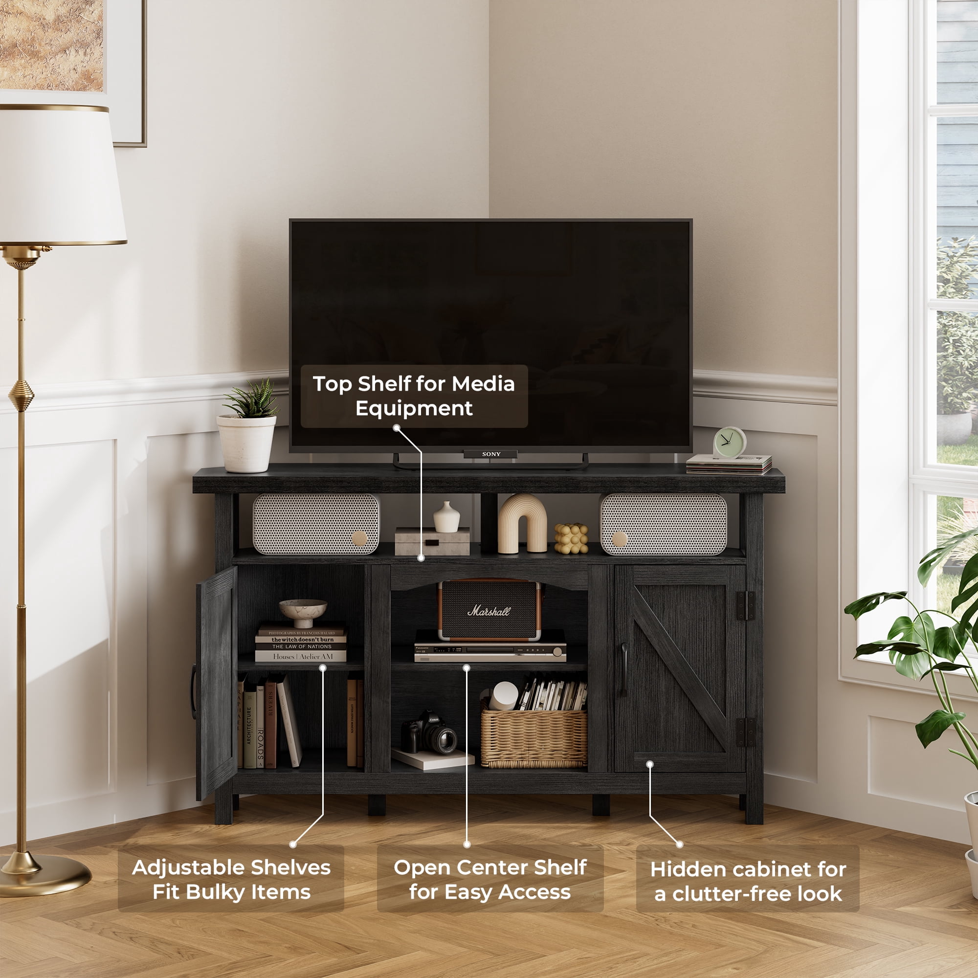 StorageWorks Farmhouse Corner TV Stand for TVs up to 60", Entertainment Center with Sliding Barn Doors and Storage Cabinets, Antique Black