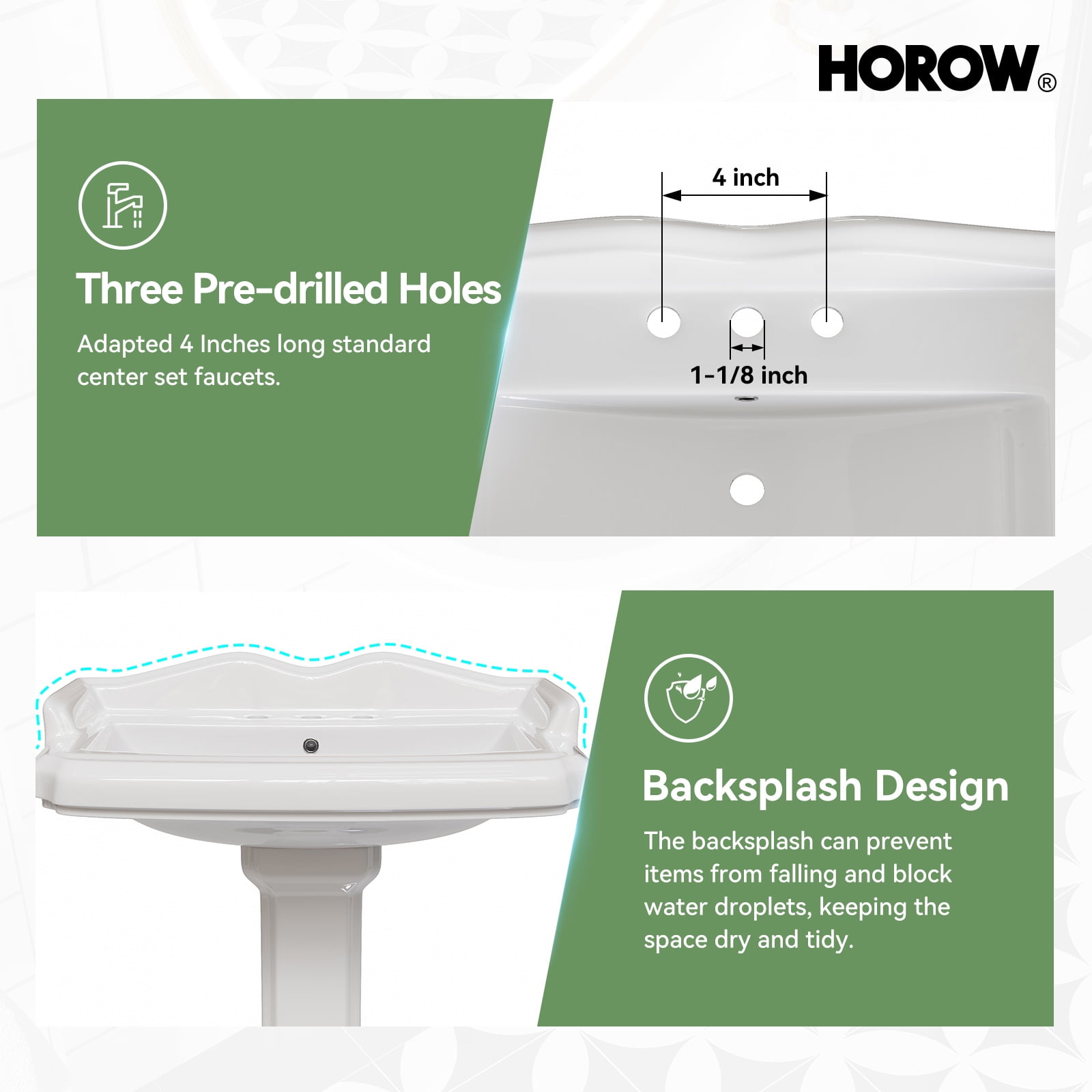 HOROW Bathroom Pedestal Sink, 23" W X 19" D Vintage Rectangular,with Overflow & 3 Pre-Drilled Holes