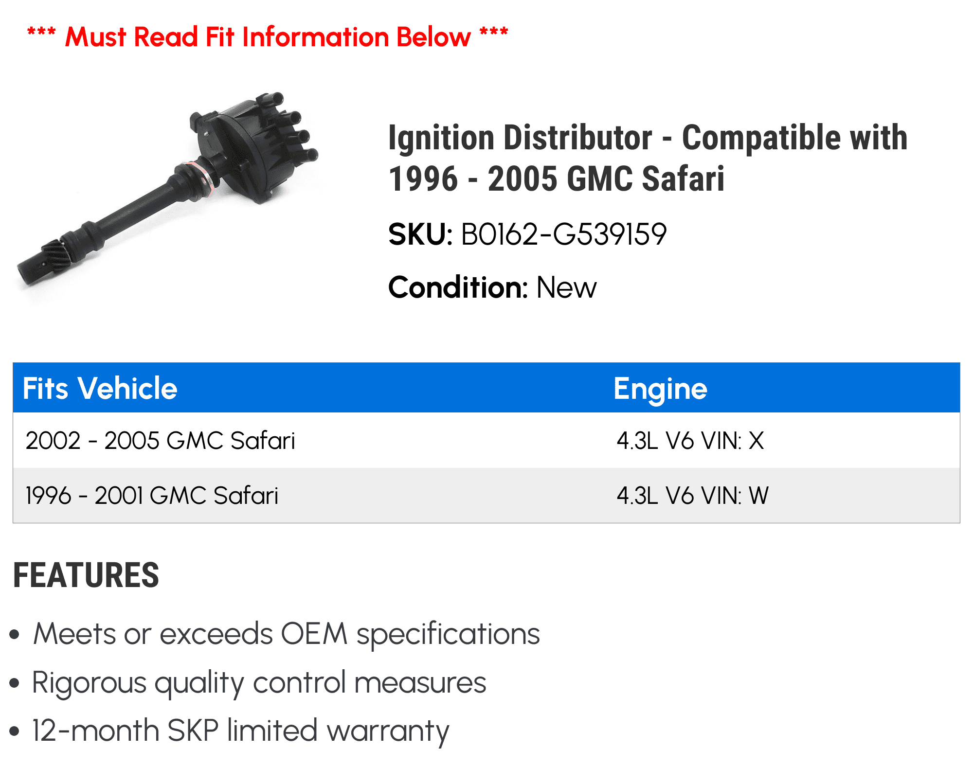 Ignition Distributor - Compatible with 1996 - 2005 GMC Safari 1997 1998 1999 2000 2001 2002 2003 2004