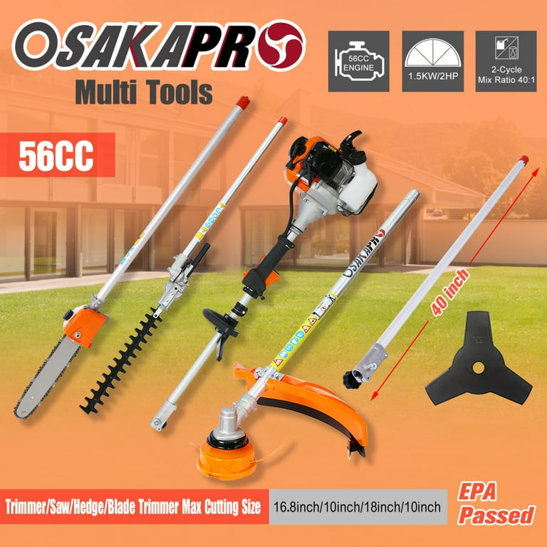 5 in 1 Multi Functional Trimming Tool 56CC 2 Cycle Garden Tool System with Gas Pole Saw Hedge Trimmer Grass Trimmer Brush Cutter Weed Eater Lawn