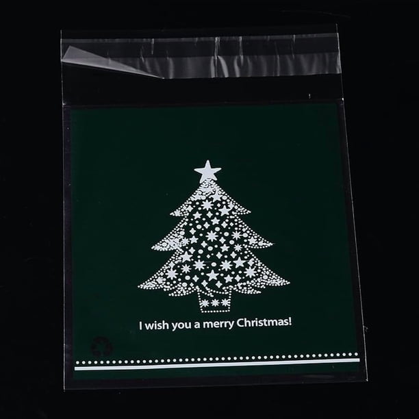 Bolsas de celofán rectangulares OPP con diseño de árbol de Navidad, color verde oscuro, 14 x 9,9 cm. Grosor: 0,035 mm. Medidas interiores: 11 x 9,9 cm. 95-100 unidades por bolsa.