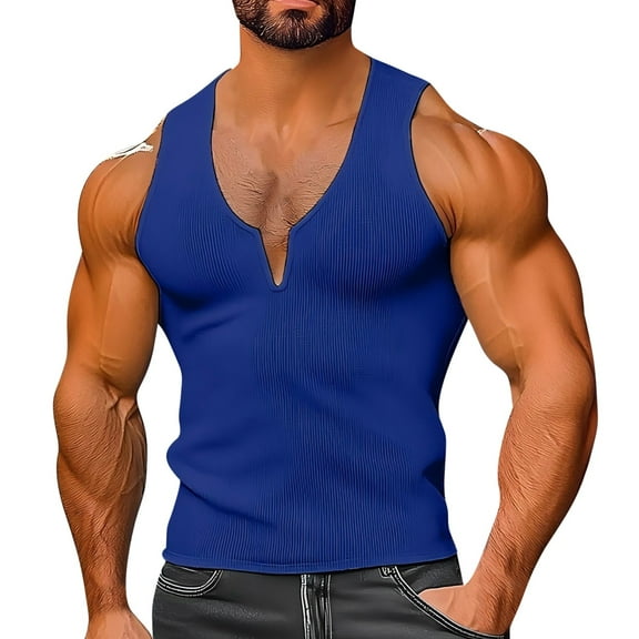 Mens V Neck Tank Tops Stretchy Slim-Fit Ribbed Sleeveless Undershirts Shirts Pullover Solid Color Comfort Athletic Workout Muscle Vests