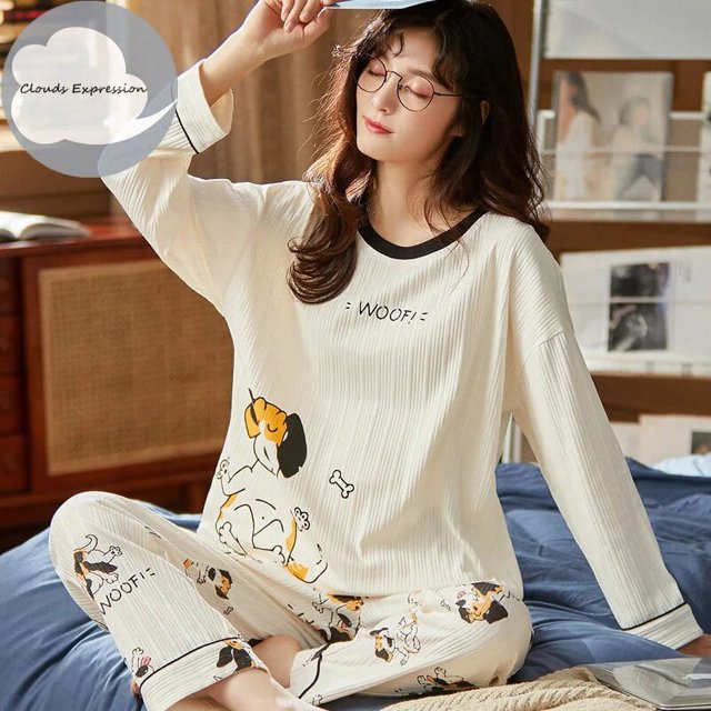 Conjuntos de pijamas de manga larga para mujer, ropa de dormir informal de dibujos animados, de punto, de algodón, para el hogar, para primavera y otoño, M-XXXL