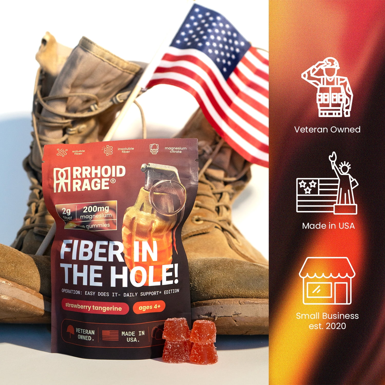 Rrhoid Rage - Fiber & Magnesium Gummies for Digestive Health - Relieves Constipation, Prevents Hemorrhoids, Dual Fiber, A, 60 ct