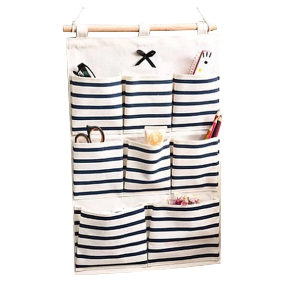 Tkrady Linen Cotton Fabric 8 Pockets Wall Door Cloth Hanging Storage Bag Home Organizer (Black Stripe)