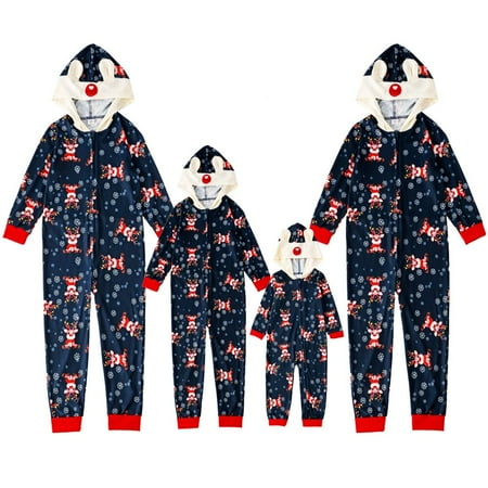 

Calsunbaby Christmas Family Matching Pajamas Set Cartoon Deer Long Sleeve Hooded Romper Jumpsuit Sleepwear Dark Blue Dad XL