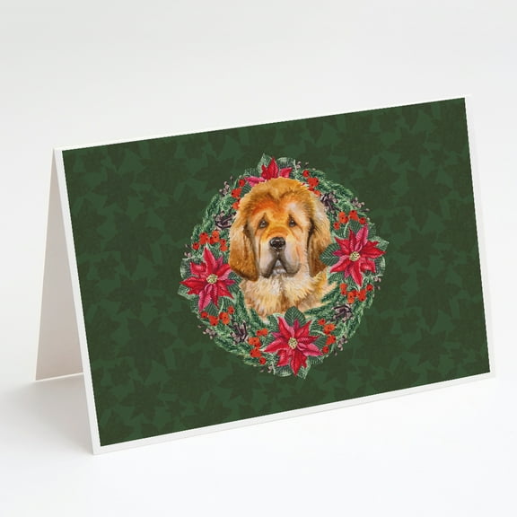 Tibetan Mastiff Poinsetta Wreath Greeting Cards and Envelopes Pack of 8