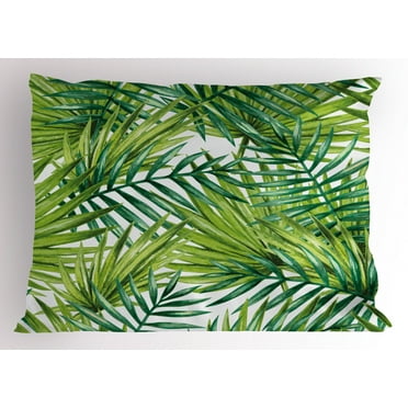 Plant Pillow Sham Watercolor Tropical Palm Leaves Colorful Illustration Natural Feelings, Decorative Standard Queen Size Printed Pillowcase, 30 X 20 Inches, Fern Green Lime Green, by Ambesonne