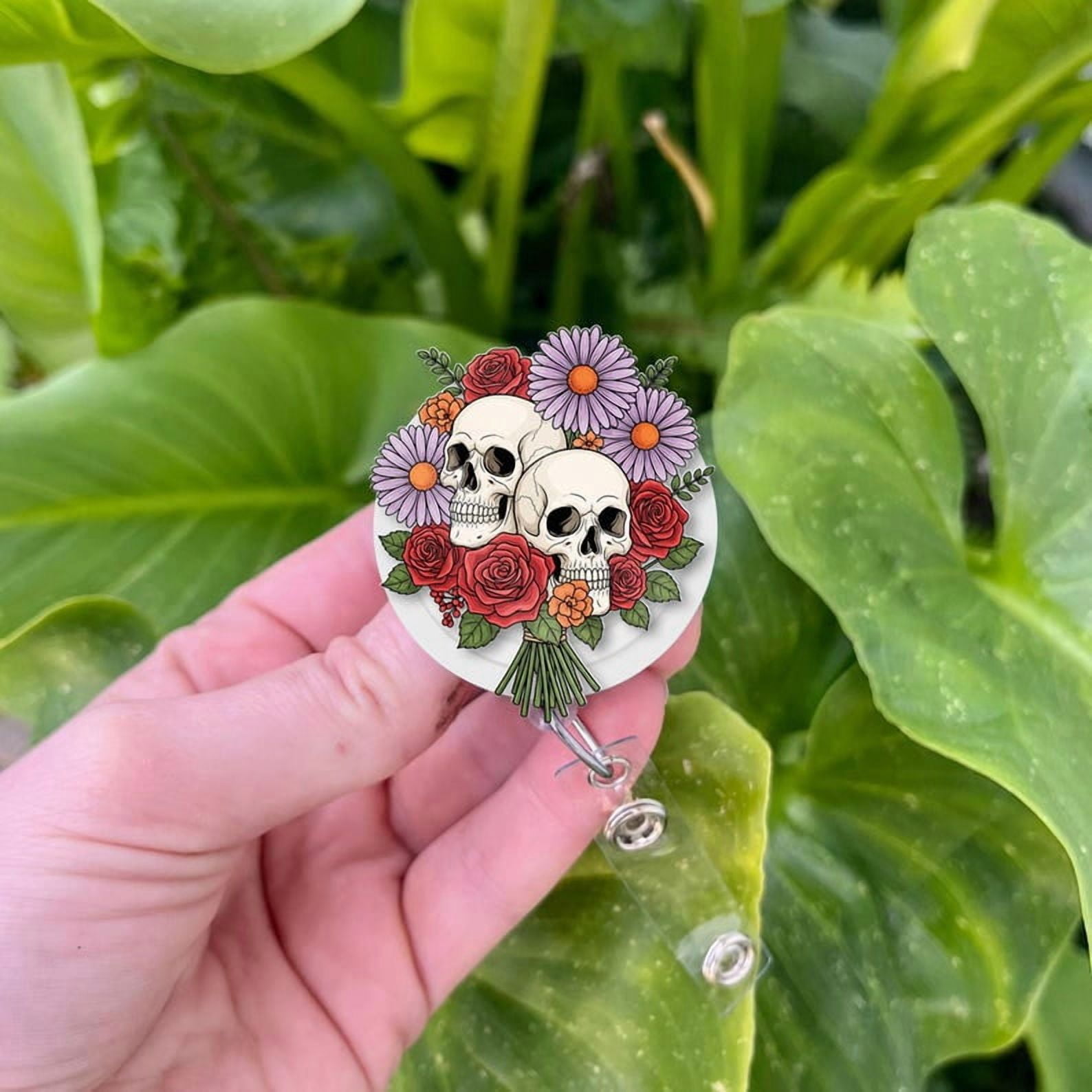 TiniDecor Skull and Flower Badge Reel, Gothic Floral Retractable ID Holder, Cute Gift for Nurses & Halloween Lovers