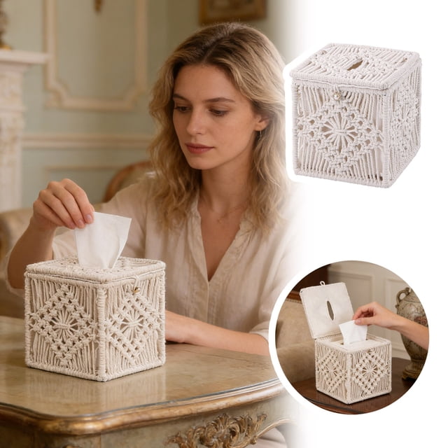 Macrame Square Open Bottom Tissue Cover Boho Woven Organizer Cube Handmade Bohemian For Home