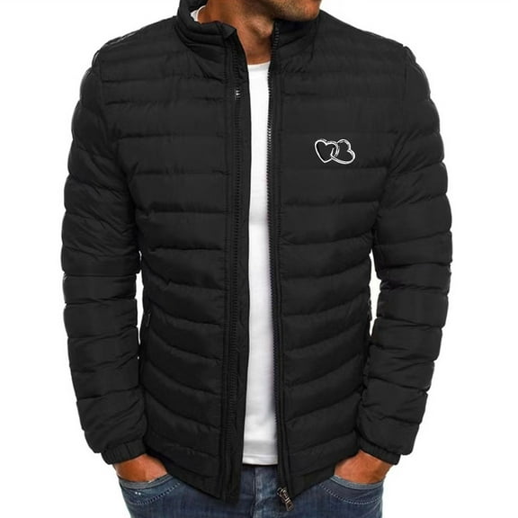 Up to 65% off!Winter Warm Plus Size Jackets for Mens Fashion Heart Printed Long Sleeved Zipper Pocket Hooded Stand Collar Casual Cotton Jacket