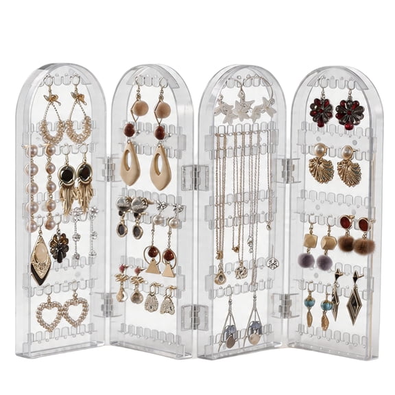 4-Panel Acrylic Earring Organizer Stand, Foldable Jewelry Display Holder with 368 Slots (128 Grooves & 240 Holes), Clear Plastic Storage Rack for Earrings, Necklaces, Studs (28×10.4×43.8cm)