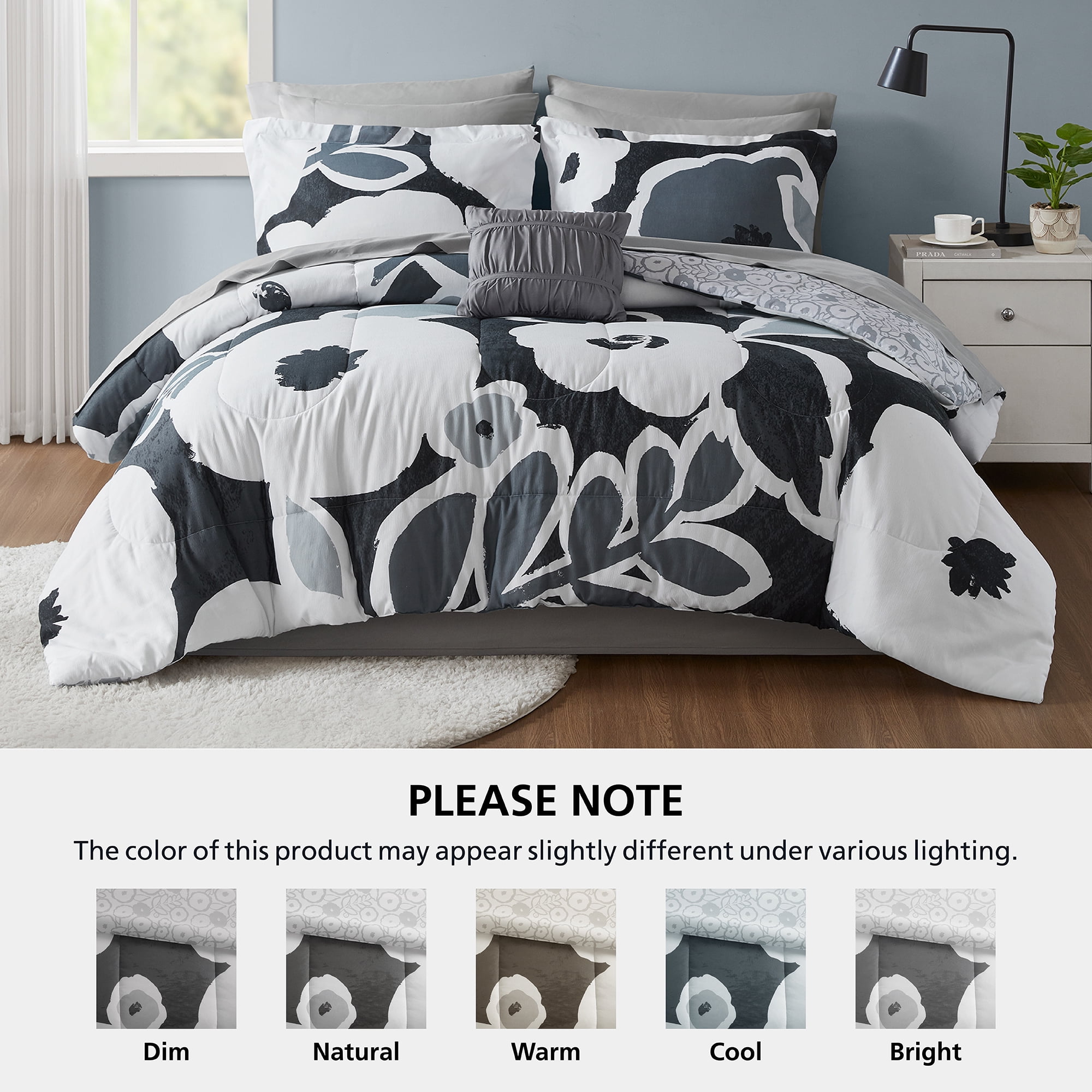 Mainstays All in One Reversible Comforter and Sheet set- 11 Piece, Full, Black and White Floral