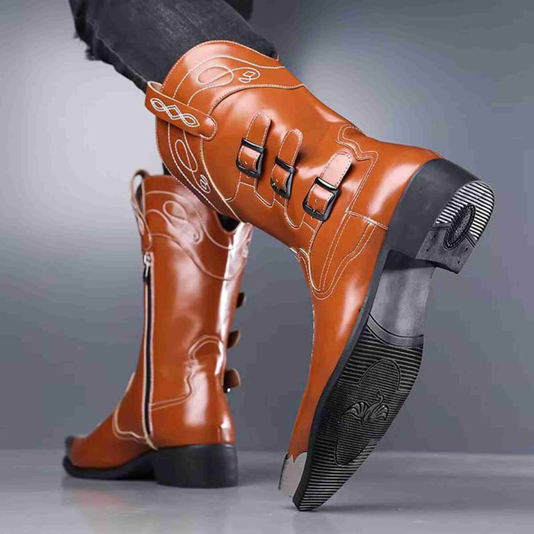 Men's Square Metal Cap Toe Cowboy Boots, Triple Buckle Side Zipper