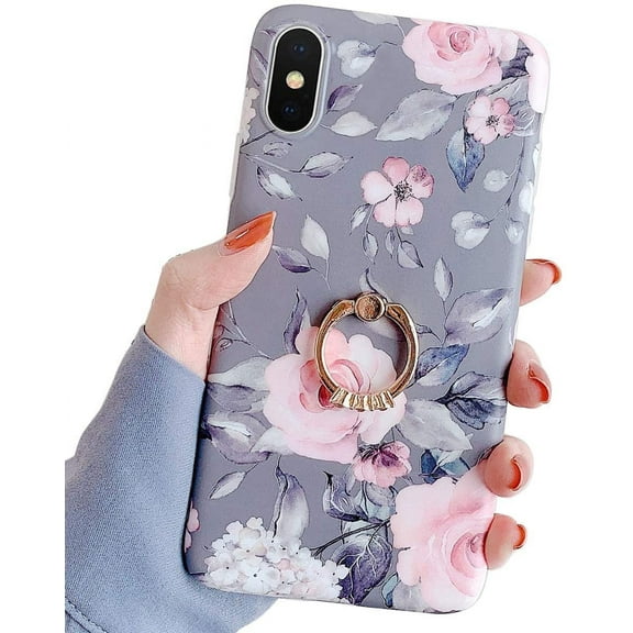 Compatible with iPhone XS Max Case,Flower Case Cute Fashion for Men Women Girls with 360 Degree Rotating Ring Kickstand Soft TPU Shockproof Cover Designed for iPhone XS Max 6.5 Inch Brown Floral