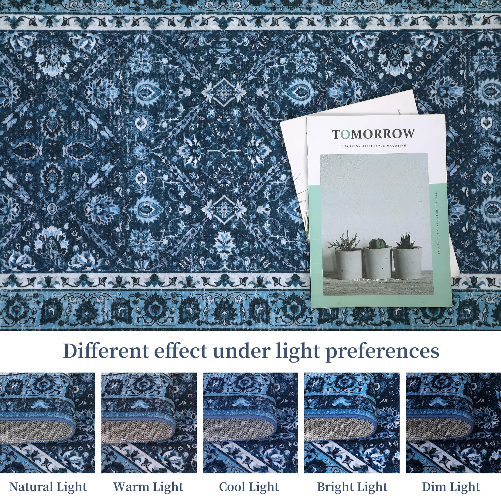 Hasoo Runner Rug 2' x 6' Washable Rugs for Hallway Moroccan Carpet Vintage Rug, Blue