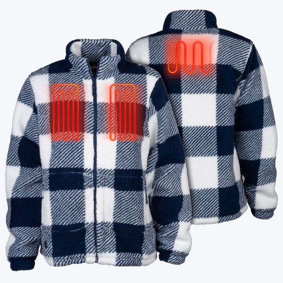 Mobile Warming Upland High-Pile Long Heated Jacket for Women, 3 Heat Zones, Bluetooth, Blue Plaid, XS
