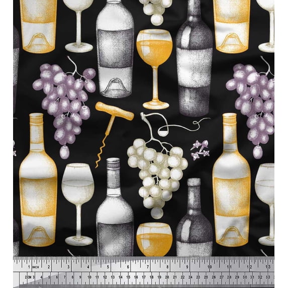 Soimoi polyester Crepe Fabric Grapes,Wine Glass & Bottle Print Sewing Fabric Yard 52 Inch Wide