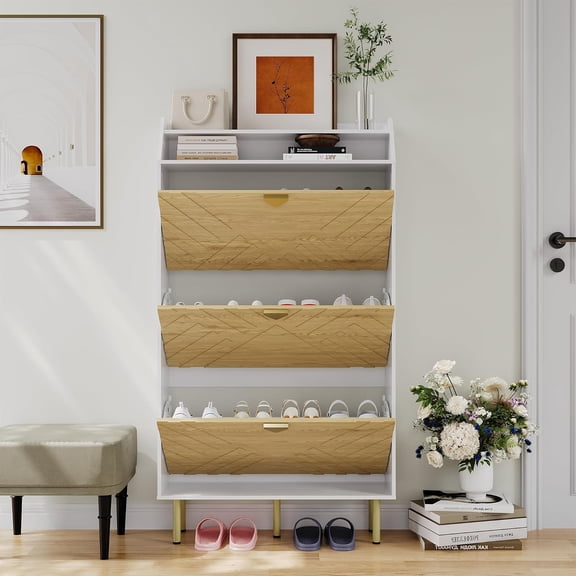 Shoe Cabinet with 3 Flip Drawers, Narrow Slim Shoe Storage Organizer for Entryway, Hallway, Farmhouse Freestanding Hidden Shoe Rack, Space Saving White Wood Grain Furniture