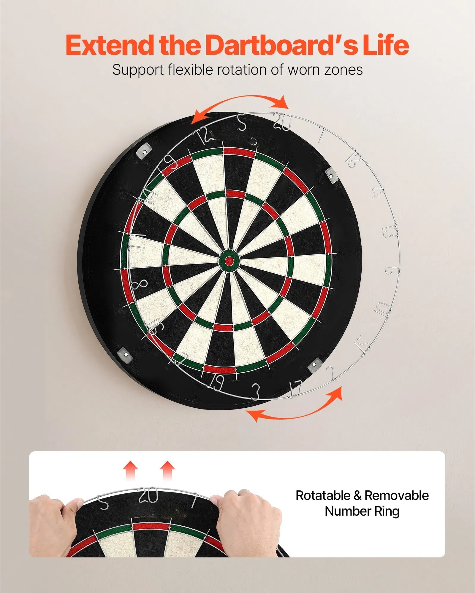 Dart set, self-repairing dartboard, containing 6 darts and scoring kit, with nail-free center and adjustable rotating digital ring, easy to install, suitable for family gatherings, game rooms, clubs