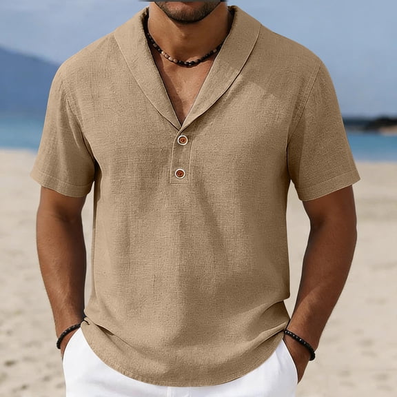 Mceream Mens Casual Henley Shirts Short Sleeve Lapel Linen Cotton Button up T-Shirt Lightweight Casual Loose Fit Tops for Beach Vacation Plus Size Beige S