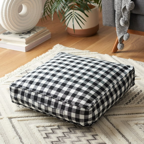 SAFAVIEH Nonnie Plaid Floor Pillow, 22" x 22", Black/White