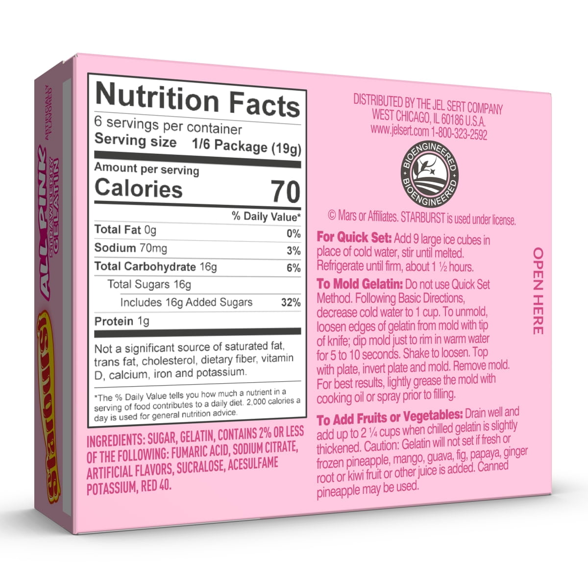 Starburst All Pink Strawberry Gelatin Dessert Mix, Fat-free, 6 Servings, 3.93 oz Cardboard Box