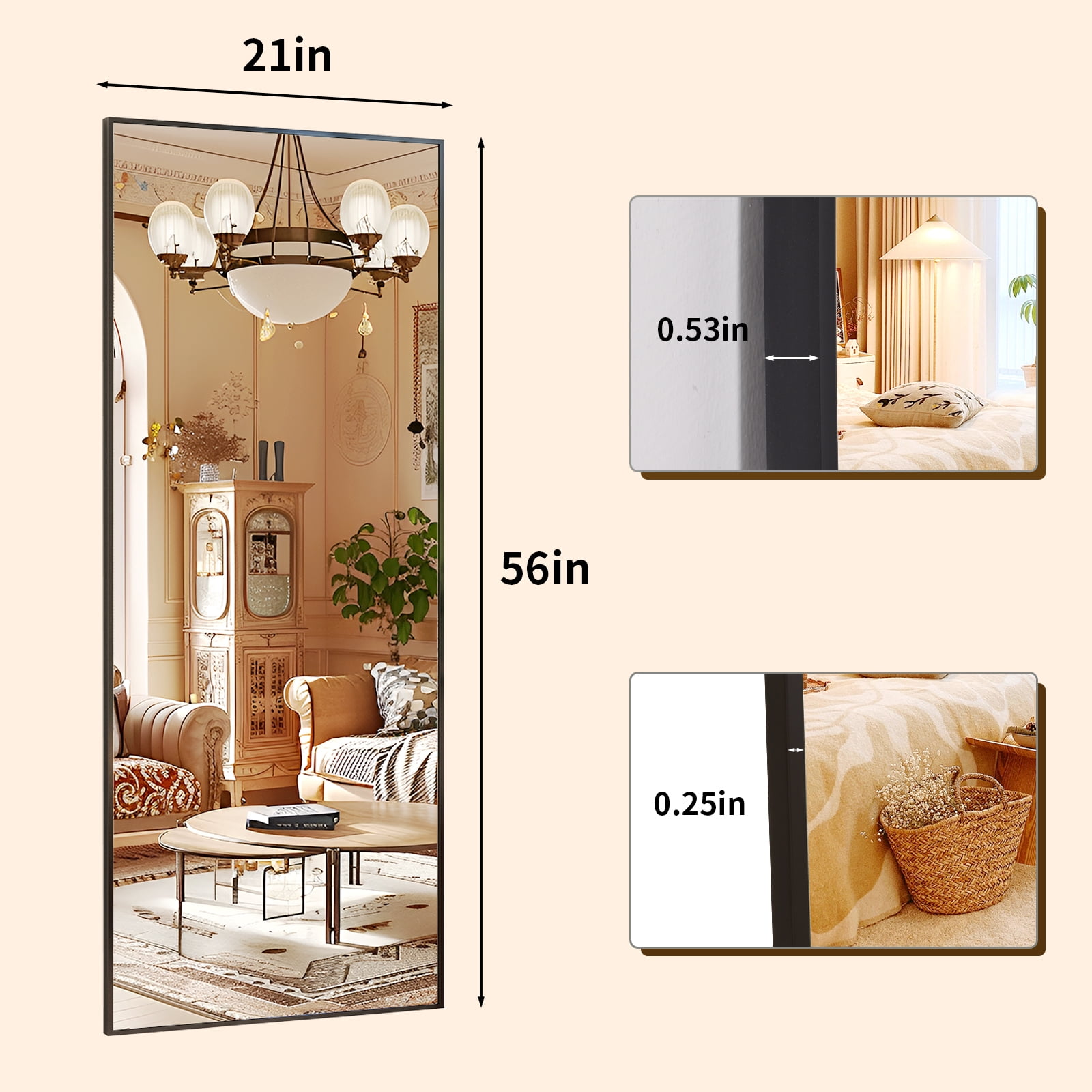 Easy4Home 56"x21" Rectangular Full Length Mirror Freestading Full Body Floor Mirror, Black