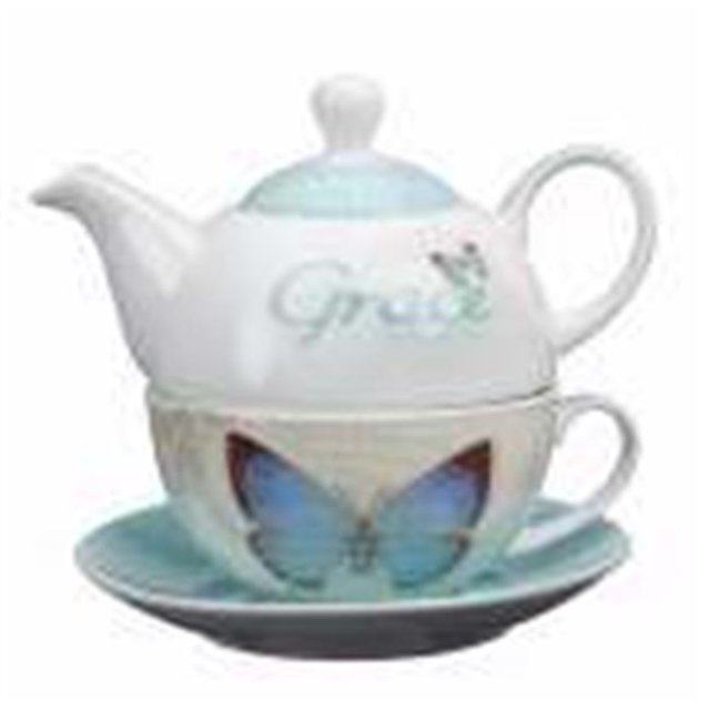 Christian Art Gifts Tea Set-Tea for One & Butterfly Blessings & Grace with Gift Box