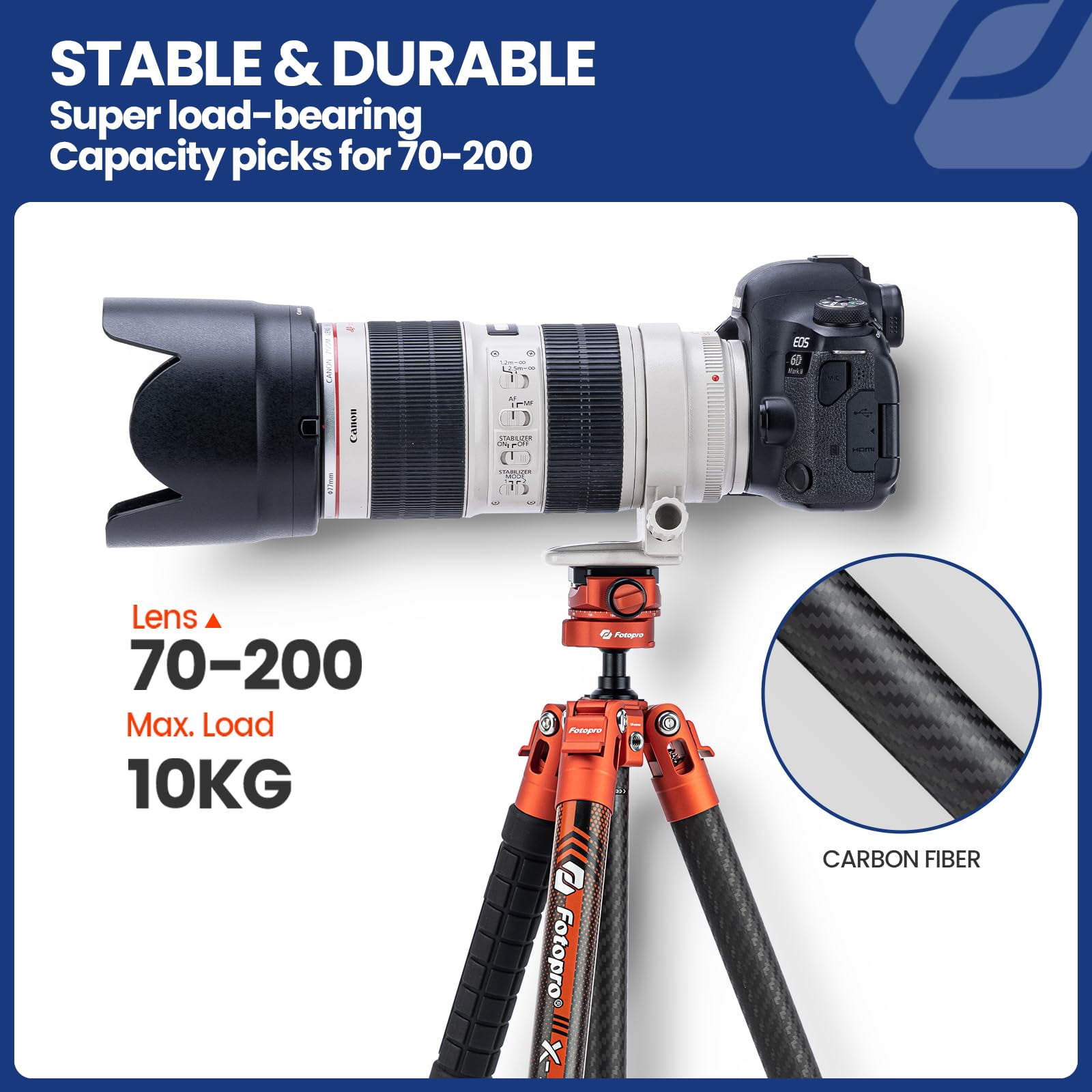 Fotopro 60" Carbon Fiber Tripod with Ball Head, 1.7 lbs Ultralight Travel Tripod for Camera DSLR, Max Load 22 lbs, X-Aircross 3 Lite, Flame Orange