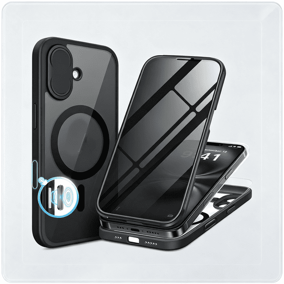 GJX for Iphone 16 Case, Compatible with Black | Built-In Privacy Screen Protector, Full Camera Protection, Shockproof Full Body Magnetic Clear Phone Case 6.1"