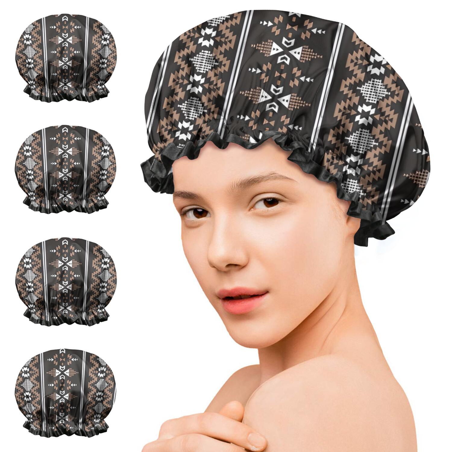 Shower Caps,Brown Striped Geometric Pattern Waterproof Shower Cap for Women 4 Pieces,Double Reusable Hair Cover for Shower PEVA Elastic Stretch Hem