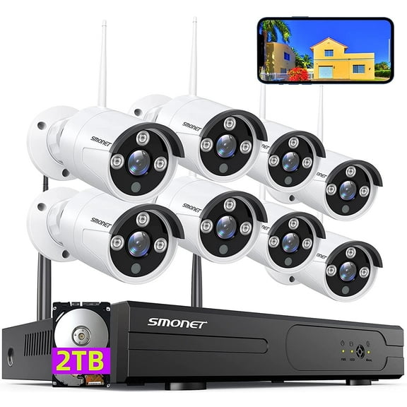 5MP Wireless Security Camera System with Audio,SMONET 8Pcs 3MP Surveillance NVR Kits, 2TB Hard Drive,8CH 3MP Indoor Outdoor CCTV Cameras,P2P,Night Vision,AI Human Detection