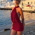 thumbnail image 4 of Morttic Backless Halter Mini Dress for Women – Ruched Waist Sleeveless Tight Fit Solid Color Beach Dress Vacation Outfit Wine Red，XS, 4 of 6
