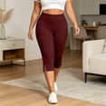 thumbnail image 4 of BVnarty women capri slim fit leggings high rise stretch waist side button split hem solid print tight cropped pant caf茅 daily wear Wine L, 4 of 8