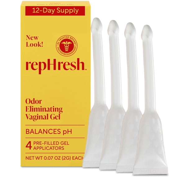 RepHresh Odor Eliminating Vaginal Gel, Fragrance Free, Balances Vaginal pH, Odor Control Up to 3 Days, 4 Pre-Filled Applicators