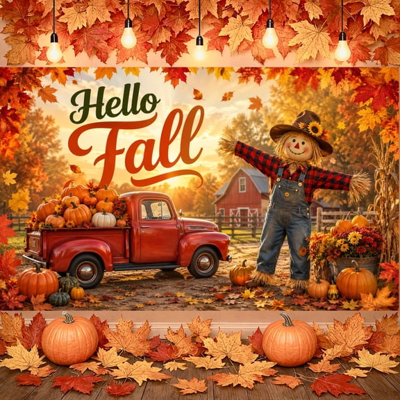 Warm Color Hello Fall Banner Rustic Harvest Backdrop Pumpkin Decor Scarecrow Design Fall Festival Background for Fall Party Harvest Festival Farmhouse Decoration