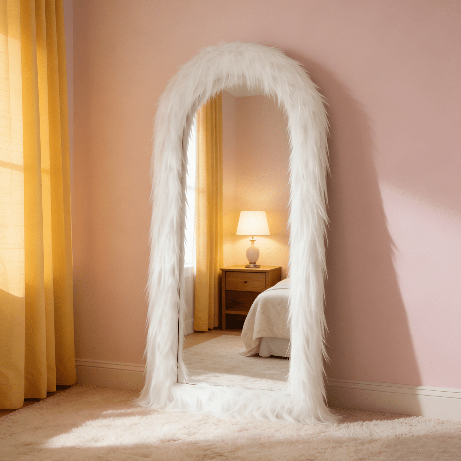 Puremirror 32"x71" Arched Full Length Floor Mirror Soft Fur Framed Wall-Mounted Decorative Mirror, White