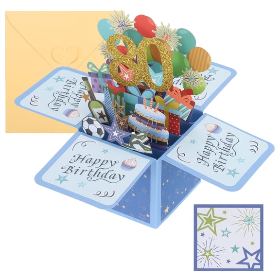 Uxcell 80th Birthday Card, Pop-Out Birthday Card Happy Birthday with Greeting Card and Envelope for Boy Women Friend, Blue