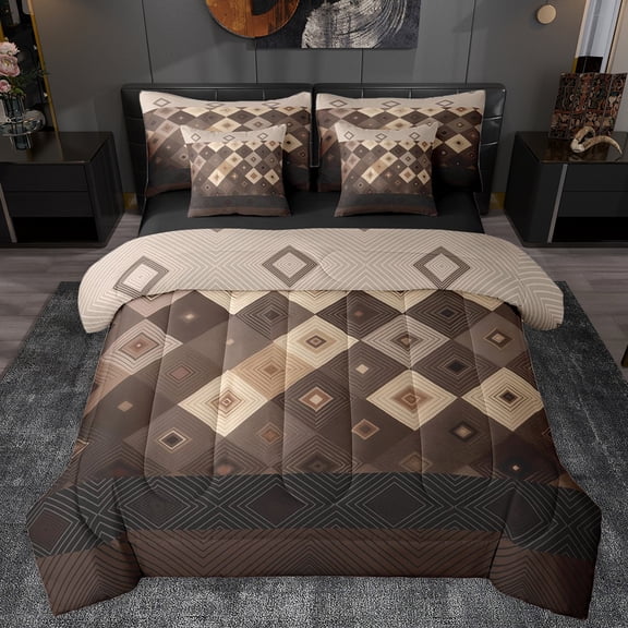 Homewish Brown Vintage Square Twin Bedding Sets 7-Piece, Boho Aztec Abstract Bedding Comforter Set, Western Old Fashion Reversible Sheet Sets, Breathable Home Decor
