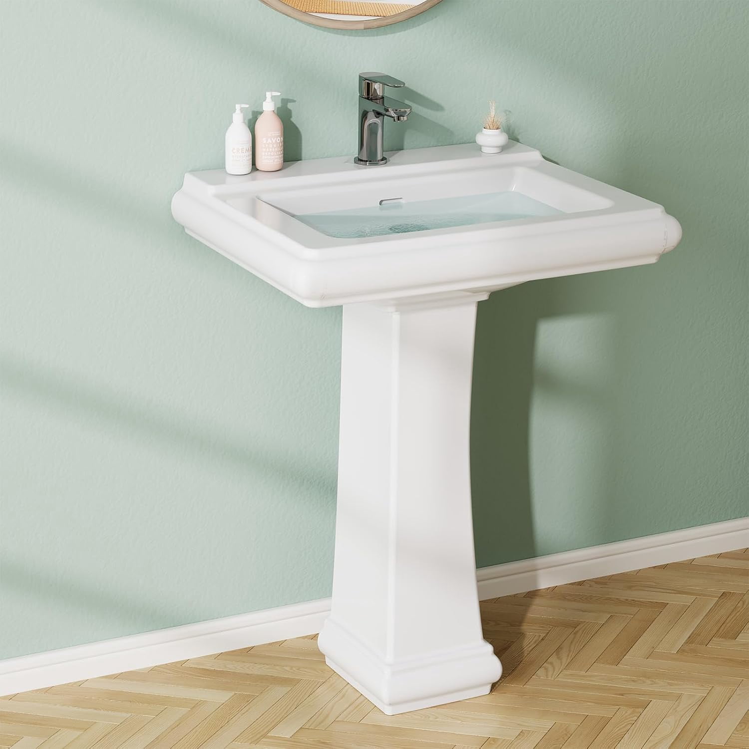 26x22 Inch White Ceramic Pedestal Sink Basin – 3-Hole, Overflow Protection, High-Density Ceramic, Open-Back Design, Stain-Resistant, Space-Saving For Small Bathrooms
